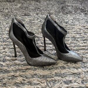 Sam Edelman Metallic Silver and Black Mesh Heels, Size 6